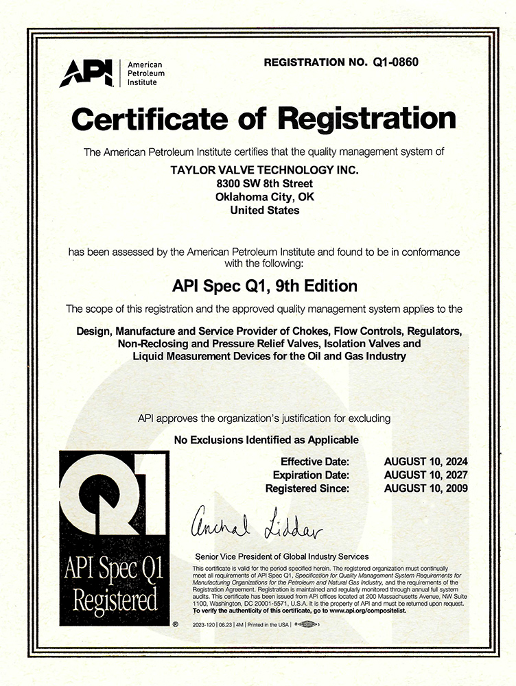 American Petroleum Institute API specification Q1 Certificate