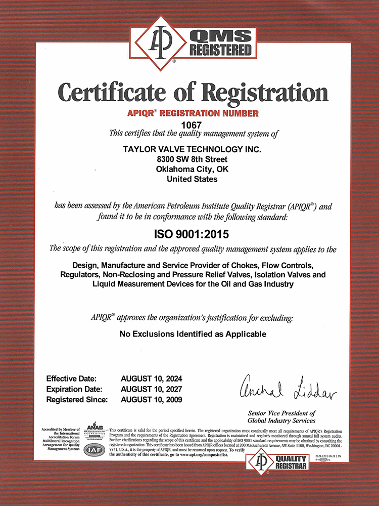 American Petroleum Institue Quality Registrar ISO 9001:2015