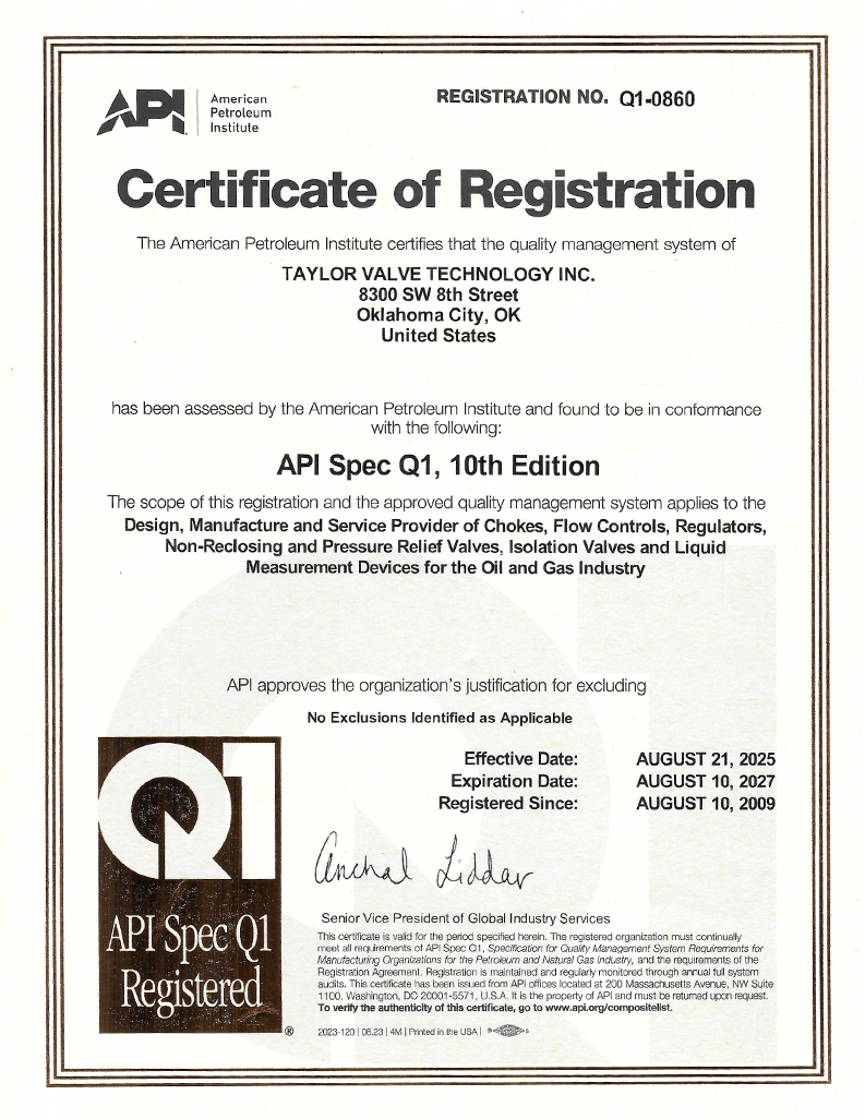 American Petroleum Institute API specification Q1 Certificate