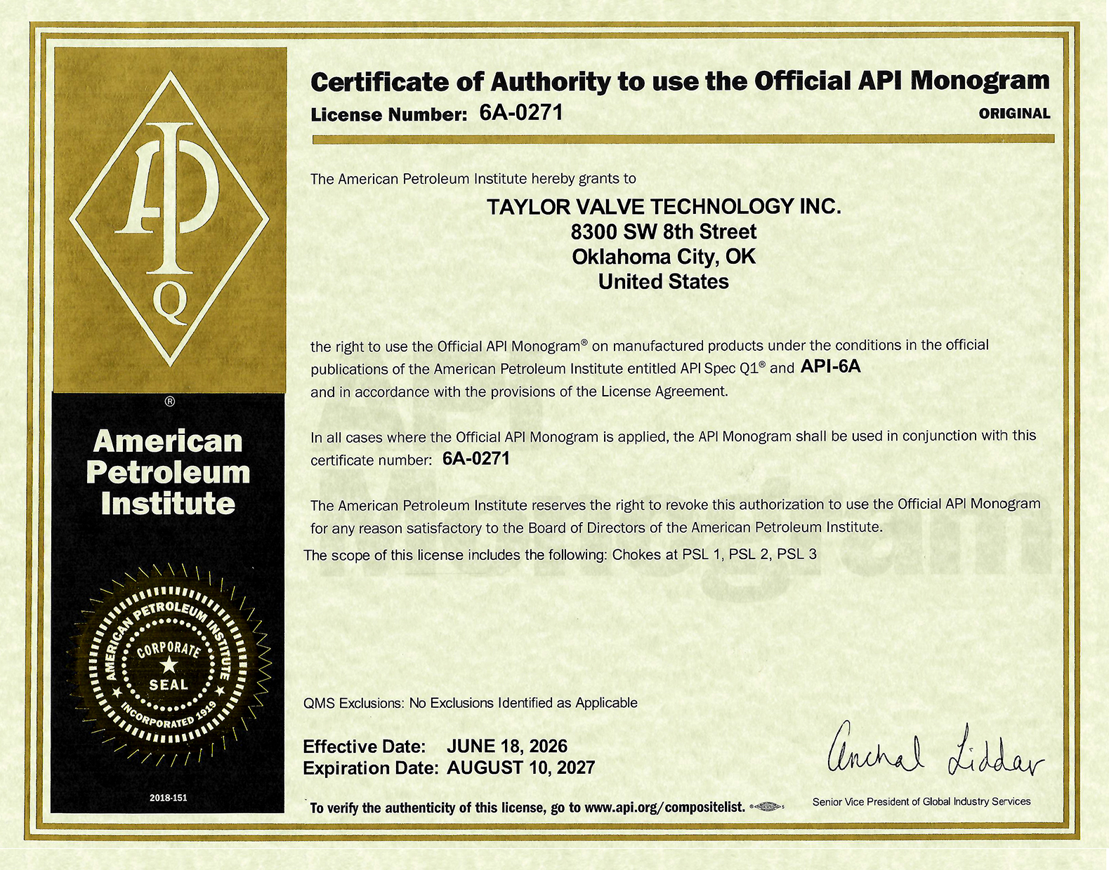 American Petroleum Institute API specification 6A Certificate