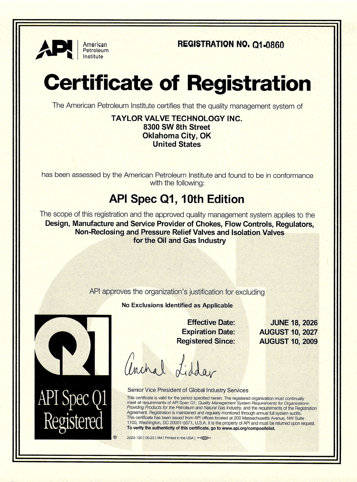 American Petroleum Institute API specification Q1 Certificate