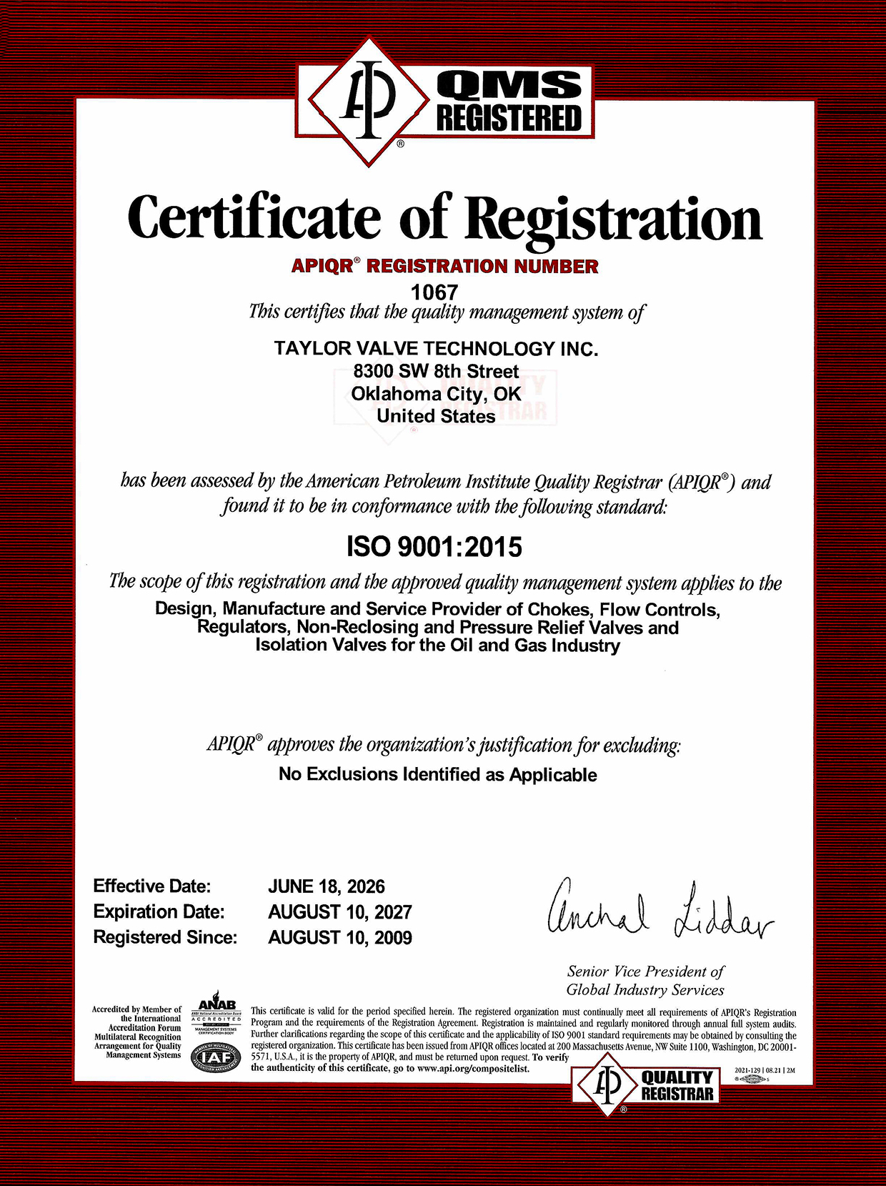 American Petroleum Institue Quality Registrar ISO 9001:2015